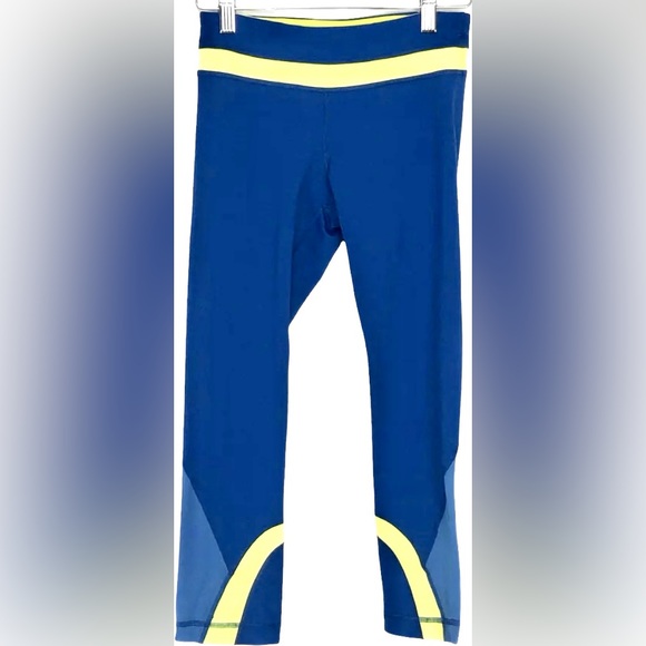 LULULEMON RUN INSPIRE BLUE W/YELLOW STRIPED WAIST BAND& HEM CROPPED LEGGINGS-S6 - Picture 5 of 14